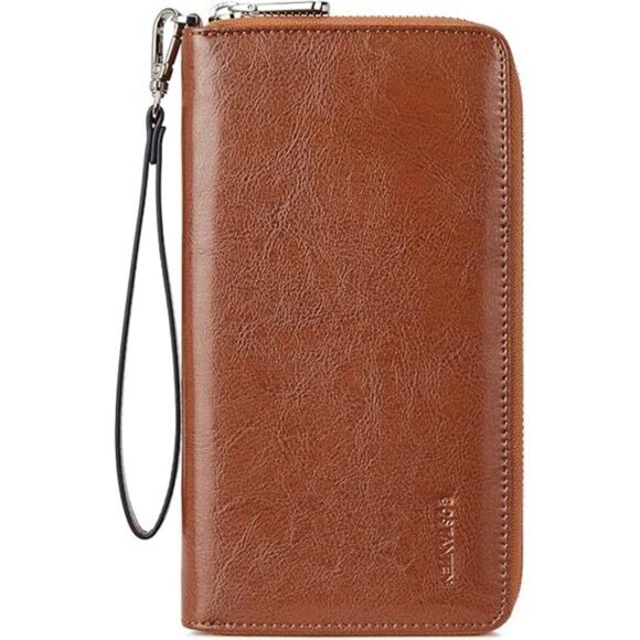 Leather Wallet RFID Blocking Zip Around Credit Cards Holder Clutch Brown - Picture 7 of 7